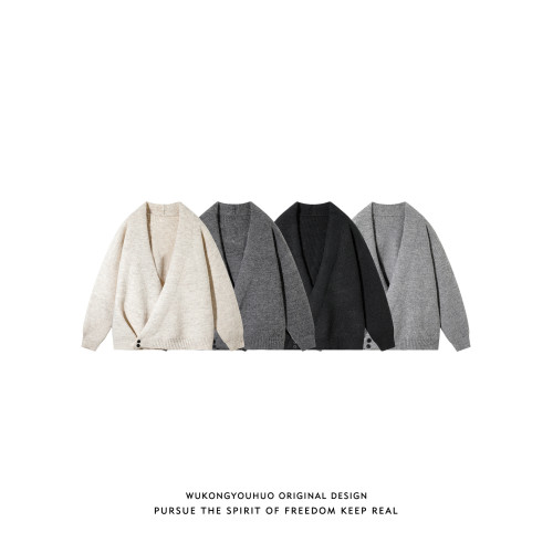 悟空有貨復古新中式不規則斜紐釦針織衫男女秋季情侶寬松毛衣外套 悟空有貨復古新中式不規則斜紐釦針織衫男女秋季情侶寬松毛衣外套
