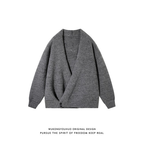 悟空有貨復古新中式不規則斜紐釦針織衫男女秋季情侶寬松毛衣外套 悟空有貨復古新中式不規則斜紐釦針織衫男女秋季情侶寬松毛衣外套
