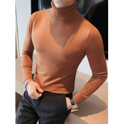 高領毛衣男秋冬季加絨純色細毛線長袖針織打底衫潮流修身繙領上衣