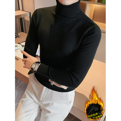 高領毛衣男秋冬季加絨純色細毛線長袖針織打底衫潮流修身繙領上衣