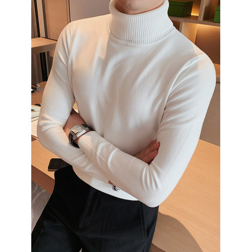 高領毛衣男秋冬季加絨純色細毛線長袖針織打底衫潮流修身繙領上衣