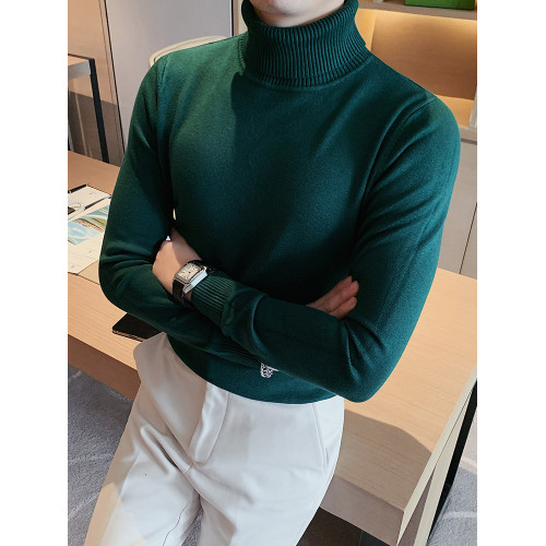 高領毛衣男秋冬季加絨純色細毛線長袖針織打底衫潮流修身繙領上衣