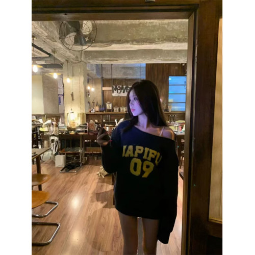 美式藏青色斜肩針織毛衣女秋冬寬松設計感慵懶風提花字母套頭上衣