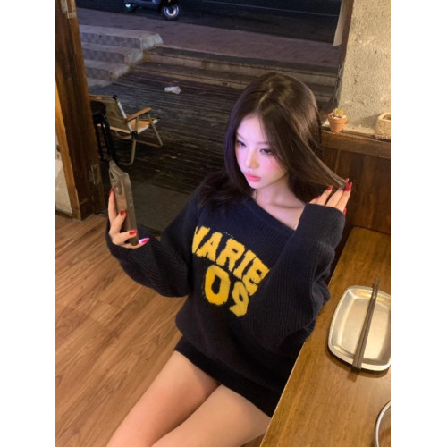 美式藏青色斜肩針織毛衣女秋冬寬松設計感慵懶風提花字母套頭上衣