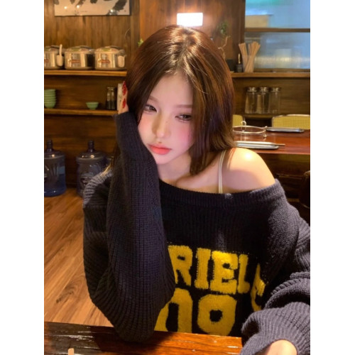 美式藏青色斜肩針織毛衣女秋冬寬松設計感慵懶風提花字母套頭上衣