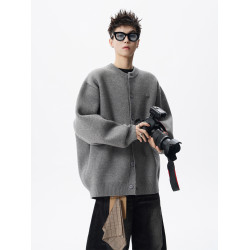 潮牌圓領開衫毛衣男冬季美式重磅保暖針織衫復古寬松休閒情侶外套