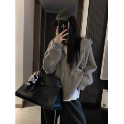 韓國慵懶風寬松灰色拉鍊連帽衫秋冬休閒高級針織開衫休閒開衫外套