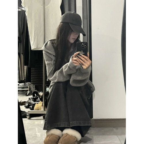 韓國慵懶風寬松灰色拉鍊連帽衫秋冬休閒高級針織開衫休閒開衫外套