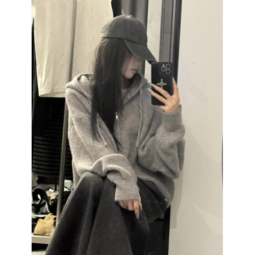 韓國慵懶風寬松灰色拉鍊連帽衫秋冬休閒高級針織開衫休閒開衫外套