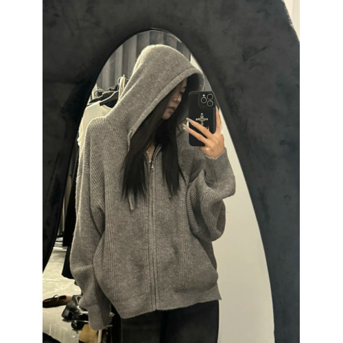 韓國慵懶風寬松灰色拉鍊連帽衫秋冬休閒高級針織開衫休閒開衫外套