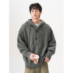 美式安可拉紅半開衫連帽毛衣男秋季潮牌慵懶風針織衫寬松情侶外套