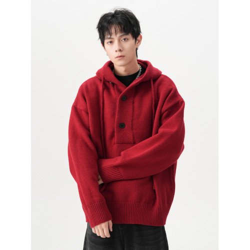 美式安可拉紅半開衫連帽毛衣男秋季潮牌慵懶風針織衫寬松情侶外套 美式安可拉紅半開衫連帽毛衣男秋季潮牌慵懶風針織衫寬松情侶外套