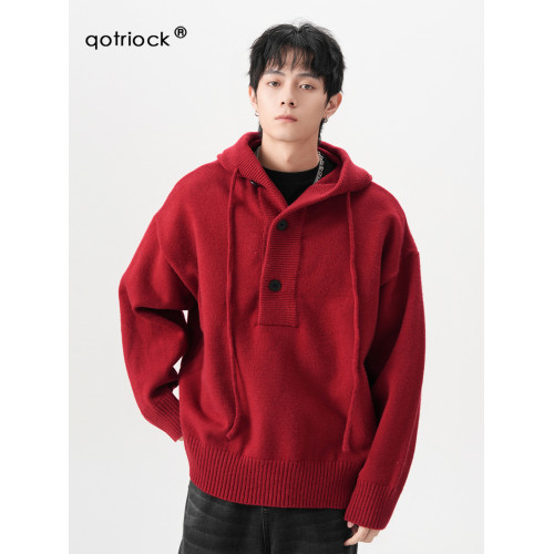 美式安可拉紅半開衫連帽毛衣男秋季潮牌慵懶風針織衫寬松情侶外套 美式安可拉紅半開衫連帽毛衣男秋季潮牌慵懶風針織衫寬松情侶外套