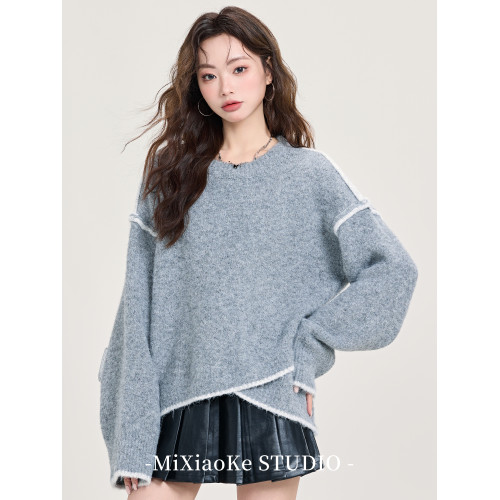 羋小可慵懶風灰色毛衣女秋冬2025新款設計感不規則撞色針織上衣 羋小可慵懶風灰色毛衣女秋冬2025新款設計感不規則撞色針織上衣