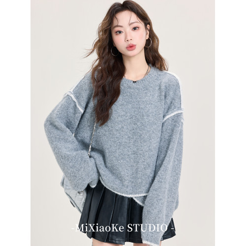 羋小可慵懶風灰色毛衣女秋冬2025新款設計感不規則撞色針織上衣 羋小可慵懶風灰色毛衣女秋冬2025新款設計感不規則撞色針織上衣