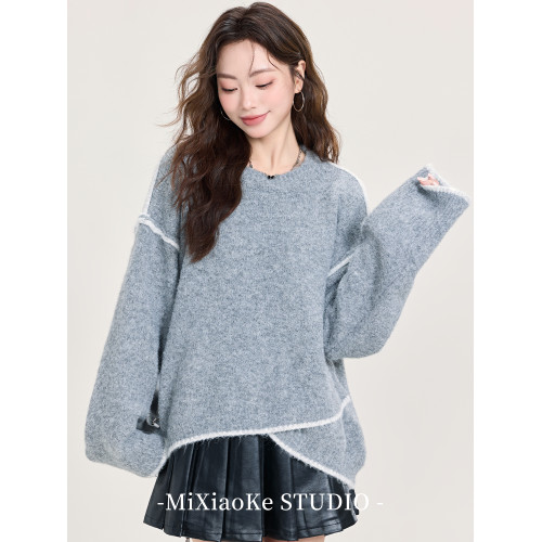 羋小可慵懶風灰色毛衣女秋冬2025新款設計感不規則撞色針織上衣 羋小可慵懶風灰色毛衣女秋冬2025新款設計感不規則撞色針織上衣