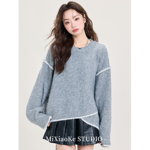 羋小可慵懶風灰色毛衣女秋冬2025新款設計感不規則撞色針織上衣 羋小可慵懶風灰色毛衣女秋冬2025新款設計感不規則撞色針織上衣