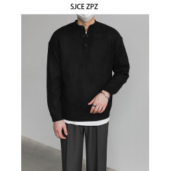 ZPZ高級感復古亨利領毛衣男秋冬季長袖上衣潮流INS套頭打底針織衫