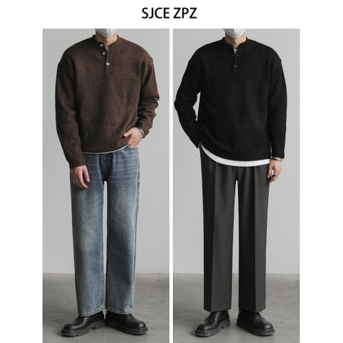 ZPZ高級感復古亨利領毛衣男秋冬季長袖上衣潮流INS套頭打底針織衫 ZPZ高級感復古亨利領毛衣男秋冬季長袖上衣潮流INS套頭打底針織衫