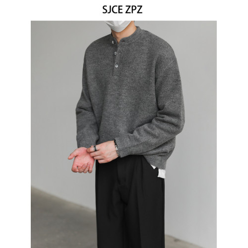 ZPZ高級感復古亨利領毛衣男秋冬季長袖上衣潮流INS套頭打底針織衫 ZPZ高級感復古亨利領毛衣男秋冬季長袖上衣潮流INS套頭打底針織衫