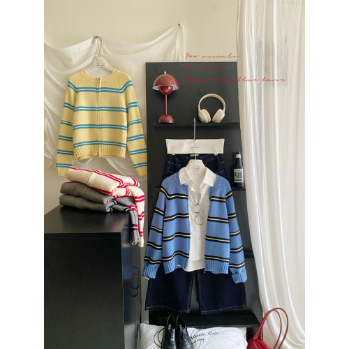 miu系撞色條紋圓領羊毛針織開衫女秋冬韓系慵懶寬松毛衣拉鍊外套 miu系撞色條紋圓領羊毛針織開衫女秋冬韓系慵懶寬松毛衣拉鍊外套