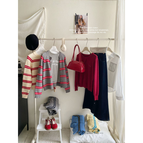 miu系撞色條紋圓領羊毛針織開衫女秋冬韓系慵懶寬松毛衣拉鍊外套 miu系撞色條紋圓領羊毛針織開衫女秋冬韓系慵懶寬松毛衣拉鍊外套