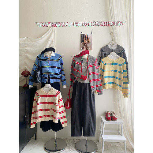 miu系撞色條紋圓領羊毛針織開衫女秋冬韓系慵懶寬松毛衣拉鍊外套 miu系撞色條紋圓領羊毛針織開衫女秋冬韓系慵懶寬松毛衣拉鍊外套