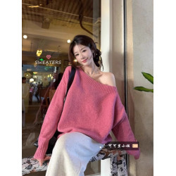 韓系慵懶風露肩套頭毛衣女2024秋季新款寬松加厚長袖針織衫上衣潮