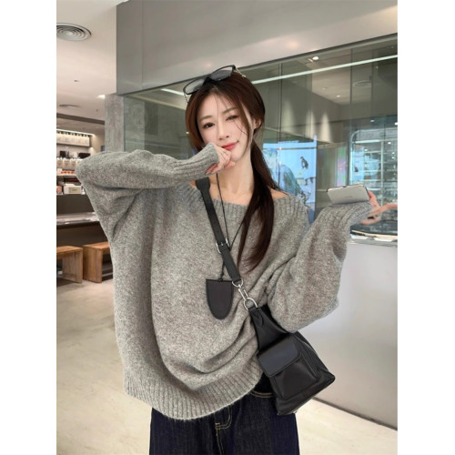 韓系慵懶風露肩套頭毛衣女2024秋季新款寬松加厚長袖針織衫上衣潮 韓系慵懶風露肩套頭毛衣女2024秋季新款寬松加厚長袖針織衫上衣潮