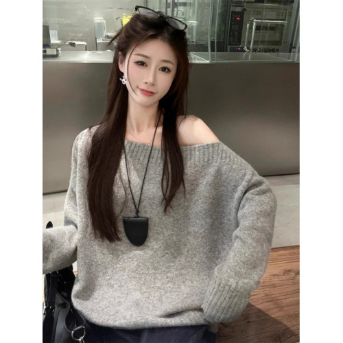 韓系慵懶風露肩套頭毛衣女2024秋季新款寬松加厚長袖針織衫上衣潮 韓系慵懶風露肩套頭毛衣女2024秋季新款寬松加厚長袖針織衫上衣潮