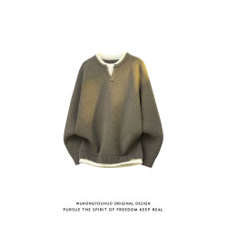 悟空有貨日系復古假兩件拼接圓領針織衫男女秋季情侶寬松休閒毛衣