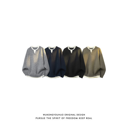 悟空有貨日系復古假兩件拼接圓領針織衫男女秋季情侶寬松休閒毛衣 悟空有貨日系復古假兩件拼接圓領針織衫男女秋季情侶寬松休閒毛衣