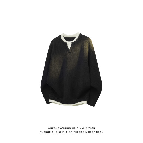 悟空有貨日系復古假兩件拼接圓領針織衫男女秋季情侶寬松休閒毛衣 悟空有貨日系復古假兩件拼接圓領針織衫男女秋季情侶寬松休閒毛衣