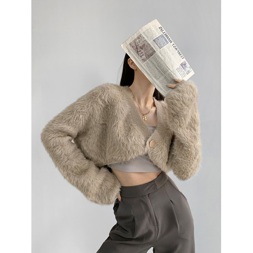 美式復古水貂絨開衫毛衣女秋冬新款慵懶風寬松百搭針織短外套上衣 美式復古水貂絨開衫毛衣女秋冬新款慵懶風寬松百搭針織短外套上衣