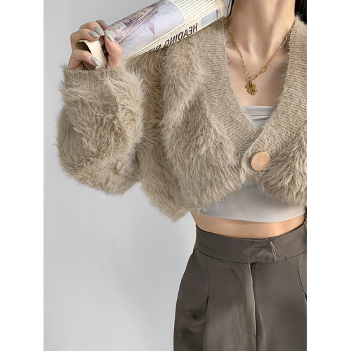 美式復古水貂絨開衫毛衣女秋冬新款慵懶風寬松百搭針織短外套上衣 美式復古水貂絨開衫毛衣女秋冬新款慵懶風寬松百搭針織短外套上衣