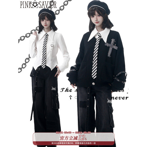 pinksavior【時空列車】針織毛衣十字裝飾設計顯瘦襯衫牛仔長褲 pinksavior【時空列車】針織毛衣十字裝飾設計顯瘦襯衫牛仔長褲