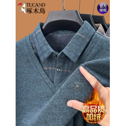 啄木鳥冬季假兩件加絨加厚毛衣男POLO衫t恤保暖打底中老年爸爸裝