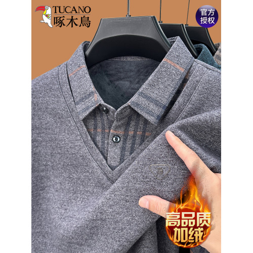 啄木鳥冬季假兩件加絨加厚毛衣男POLO衫t恤保暖打底中老年爸爸裝 啄木鳥冬季假兩件加絨加厚毛衣男POLO衫t恤保暖打底中老年爸爸裝