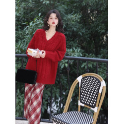 秋冬慵懶港風復古套頭V領寬松紅色麻花加厚外穿內搭毛衣針織衫女