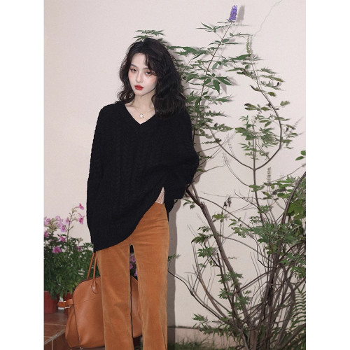 秋冬慵懶港風復古套頭V領寬松紅色麻花加厚外穿內搭毛衣針織衫女 秋冬慵懶港風復古套頭V領寬松紅色麻花加厚外穿內搭毛衣針織衫女