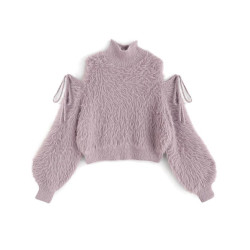 GRL新款日系甜美小高領露肩系帶毛絨純色針織上衣kz312