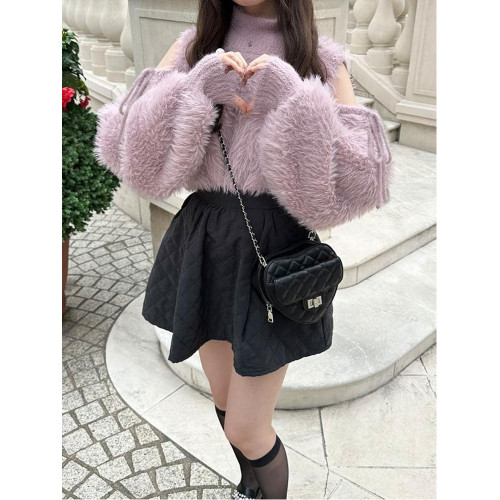 GRL新款日系甜美小高領露肩系帶毛絨純色針織上衣kz312 GRL新款日系甜美小高領露肩系帶毛絨純色針織上衣kz312