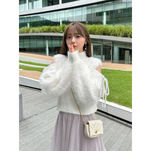 GRL新款日系甜美小高領露肩系帶毛絨純色針織上衣kz312 GRL新款日系甜美小高領露肩系帶毛絨純色針織上衣kz312