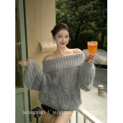 灰色麻花一字肩毛衣女秋季高級感氣質寬松慵懶風浣熊絨套頭針織衫