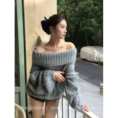 灰色麻花一字肩毛衣女秋季高級感氣質寬松慵懶風浣熊絨套頭針織衫 灰色麻花一字肩毛衣女秋季高級感氣質寬松慵懶風浣熊絨套頭針織衫