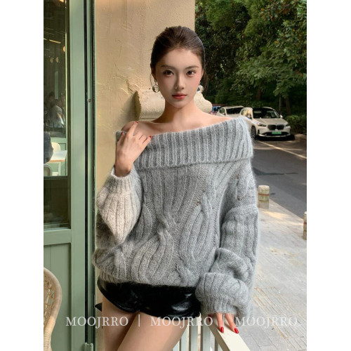 灰色麻花一字肩毛衣女秋季高級感氣質寬松慵懶風浣熊絨套頭針織衫 灰色麻花一字肩毛衣女秋季高級感氣質寬松慵懶風浣熊絨套頭針織衫