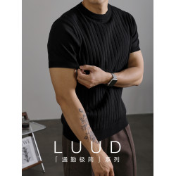 LUUD 黑色簡質圓領短袖上衣男夏季透氣針織款T恤衫大條紋薄款體恤