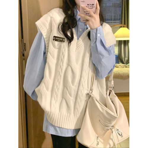 大碼韓版學院風V領坎肩馬甲毛衣女春秋胖MM顯瘦寬松減齡洋氣上衣