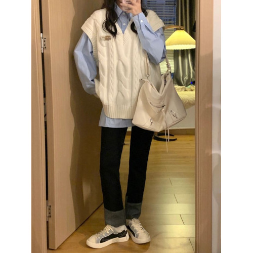 大碼韓版學院風V領坎肩馬甲毛衣女春秋胖MM顯瘦寬松減齡洋氣上衣