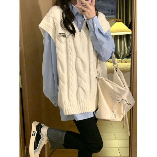 大碼韓版學院風V領坎肩馬甲毛衣女春秋胖MM顯瘦寬松減齡洋氣上衣